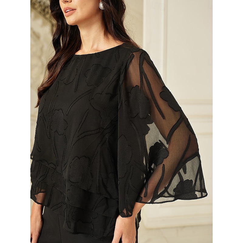 Women's Lace Shirt Blouse Dressy Tops Chiffon Tops Solid Color Floral Graphic Elegant Stylish Basic Half Sleeve Flutter Sleeve Boat Neck Regular Tops Wedding Guest Work Daily Asymmetric Hem Black3
