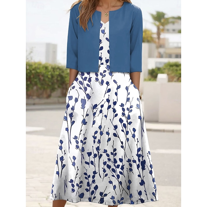 Women's Two Piece Dress Sets Midi Dress with Jacket Elegant A Line Dress Half Sleeve Party Semi Formal Floral Graphic Print V Neck Wedding Guest Daily White Blue Green Regular Fit