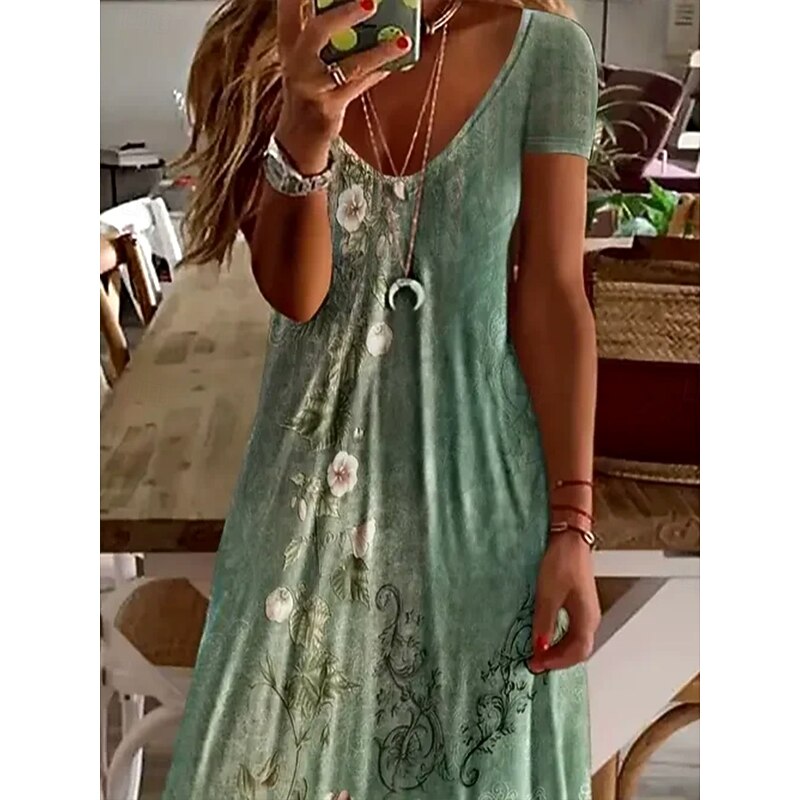 Women's Maxi Dress Casual Dress A Line Dress Summer Dress Elegant Vacation Vintage Regular Fit Floral Graphic Paisley Short Sleeve U Neck Light Green Dusty Blue Summer Spring Fall2