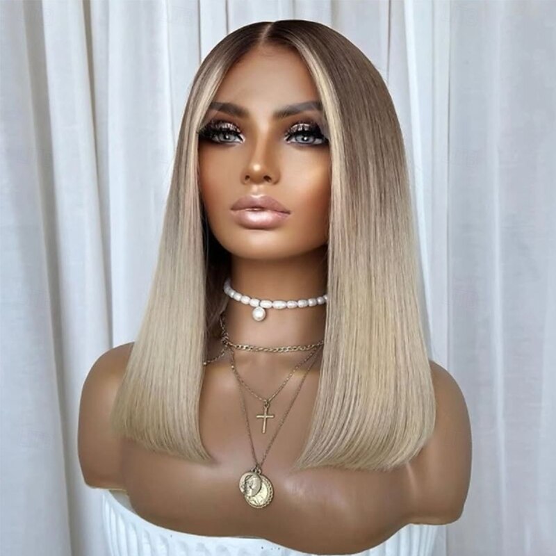 Unprocessed Virgin Hair 5x5 Closure 13x4 Lace Front Wig Short Bob Brazilian Hair Straight Blonde Wig 130% 150% Density with Baby Hair Ombre Hair 100% Virgin Glueless Pre-Plucked For Women Short Human3
