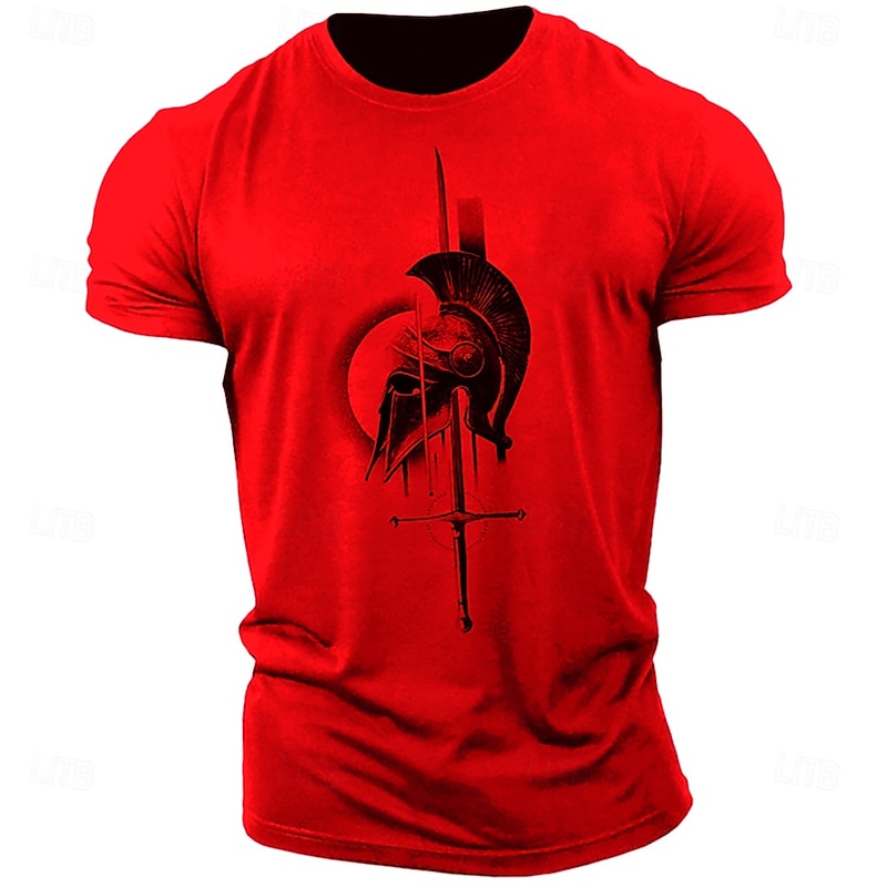 Men's Red Spartan Warrior Helmet & Sword Graphic T-Shirt, Short Sleeve3