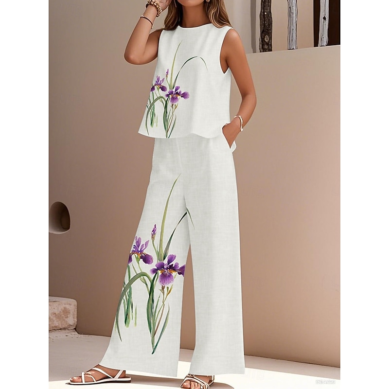 Women's Elegant Fashion Streetwear Two Piece Sets Blouse Vest Pants Trousers Sleeveless Crew Neck Outdoor Work Casual Floral Print Vacation Daily Holiday White Royal Blue Blue Summer Regular Fit2