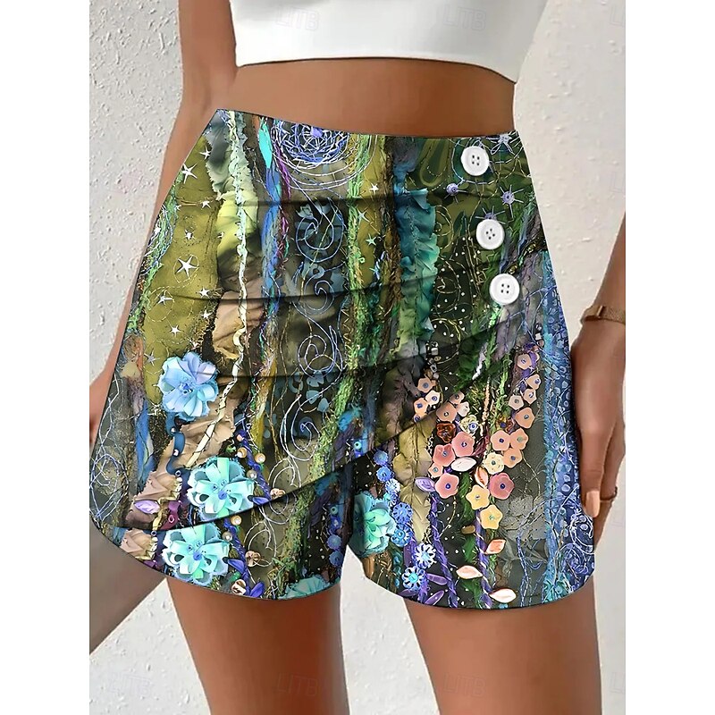 Women's Chinos Shorts Vacation Vintage Ethnic Style Short High Waist Floral Graphic Pleated Micro-elastic Formal Vacation Street Violet Robin's Egg Blue Yellow Summer Spring Regular Fit2