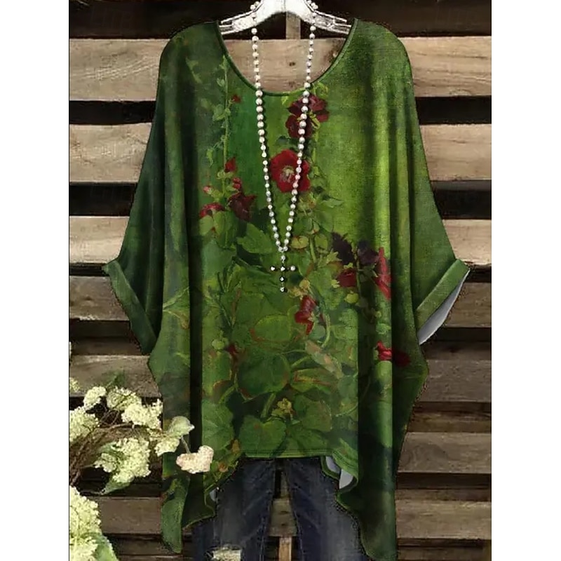 Women's Boho Shirt Floral Graphic Elegant Bohemia Active Short Sleeve Batwing Sleeve Crew Neck Regular Tops Daily Holiday Beach Wear Black White Red Blue Purple Summer Spring2