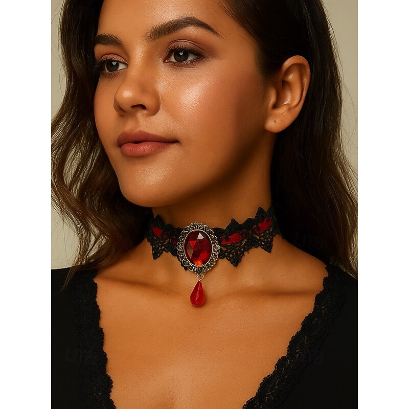 Women's Gothic Lace Choker Necklace with Red Gem Pendant, Vintage Black Velvet Collar Jewelry for Halloween Party and Costume Cosplay2