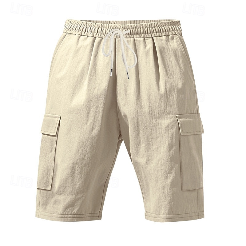 Men's Cotton Linen Shorts Cargo Shorts Shorts Summer Shorts Drawstring Elastic Waist Multi Pocket Plain Comfort Wearable Knee Length Outdoor Sport Daily Fashion Casual Black White4