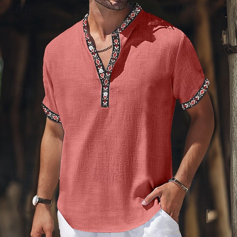 Men's Shirt Linen Shirt Summer Shirt Beach Wear Geometric Vacation Casual Red Green Khaki Gray Short Sleeve V Neck Summer Spring & Summer Clothing Apparel Color Block4