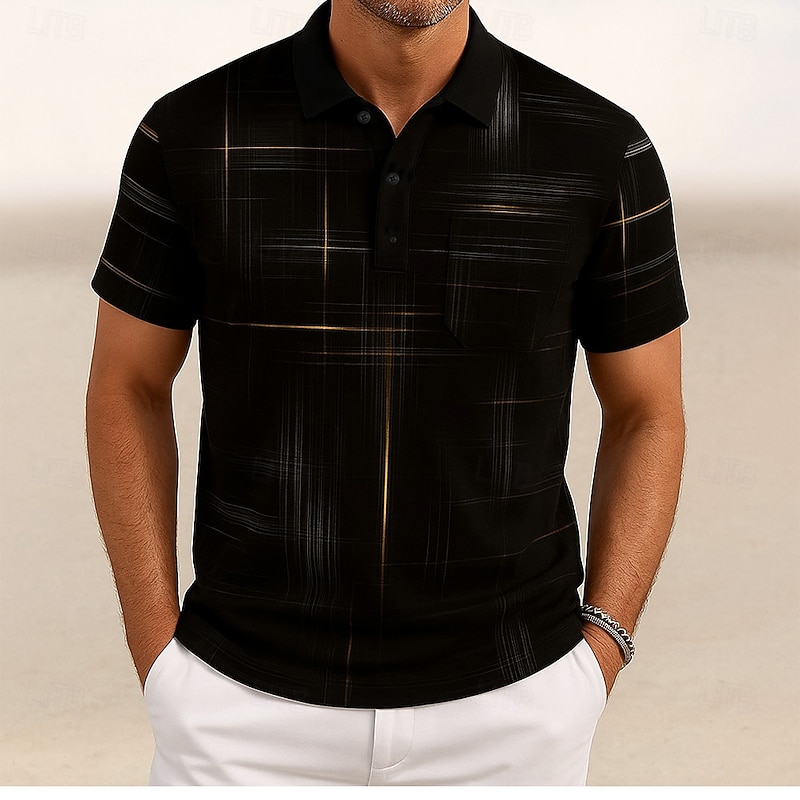 Men's Geometic Line Polo Short Sleeve Turndown Casual Daily Sports & Outdoor Athleisure Buttons Summer Black