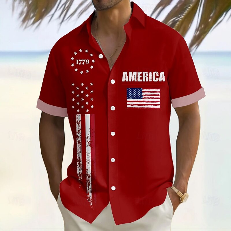 Independence Day Men's American US Flag Patriotic 1776 Shirt Summer Shirt Button Up Shirt Short Sleeve Fashion Casual Outdoor Vacation Dailywear Summer Turndown 3D Print Linen Like Shirt White Red2