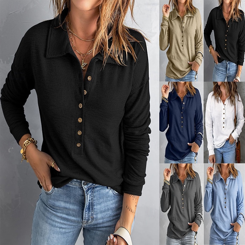 Women's Blouse Solid Color Stylish Casual Long Sleeve Shirt Collar Regular Tops Daily Buttons Black White Navy Blue Sky Blue Khaki Summer Spring