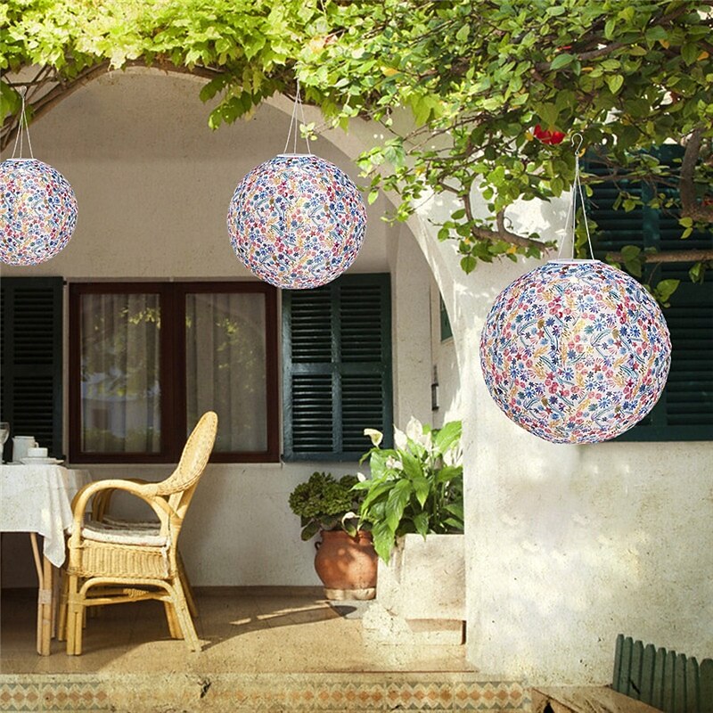 Chinese Style Globe Light Outdoor Solar Power 12inch 30CM Printed Lantern Hanging Lamp IP65 Waterproof Nylon LED Light For Outdoor Garden Party Yard Warm White Decoration Lighting4