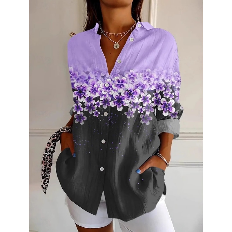 Women's Shirt Floral Active Daily Stylish Long Sleeve Shirt Collar Regular Tops Daily Holiday Buttons Print Purple Spring Fall