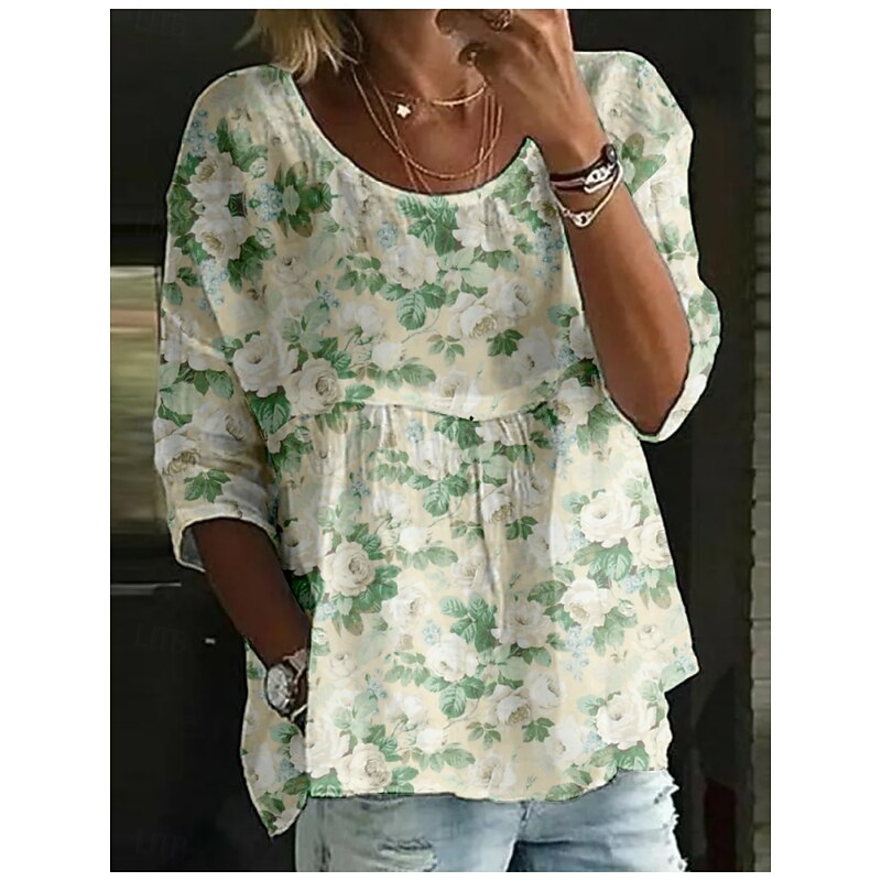 Women's Blouse Floral Stylish 3/4 Length Sleeve Crew Neck Regular Tops Daily Holiday Print White Light Green Pink Red Green Summer2