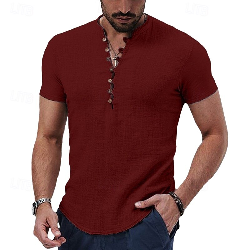 Men's Linen Shirt Band Collar Shirt Popover Shirt Summer Shirt Beach Wear Casual Shirt Plain Vacation Casual Black White Red Khaki Short Sleeve Band Collar Summer Clothing Apparel Buttons4