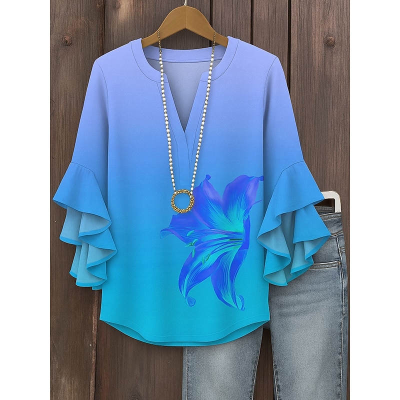 Women's Blouse V Neck Ombre Floral Graphic Vintage Daily Ethnic 3/4 Length Sleeve Regular Tops Daily Holiday Vacation Wear Print Blue Purple Orange Summer Spring2