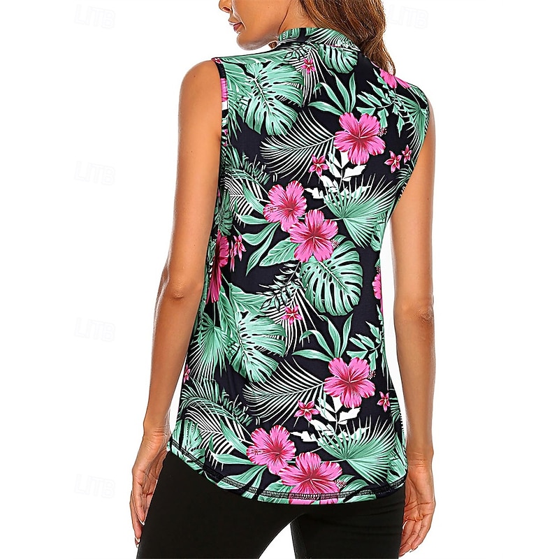Women's Graphic Tropical Floral Botanical Sport Shirt Golf Polo Shirt Tennis Shirt Sleeveless Zipper High Elasticity Moisture Wicking Breathable Tennis Golf Pickleball Turndown Zip Collar Shirt Top2