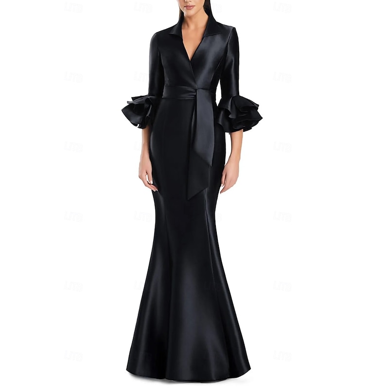 Black and White Mermaid / Trumpet Cocktail Dresses Elegant Gown Formal Wedding Floor Length Long Sleeve Shirt Collar Satin with Bow(s)4