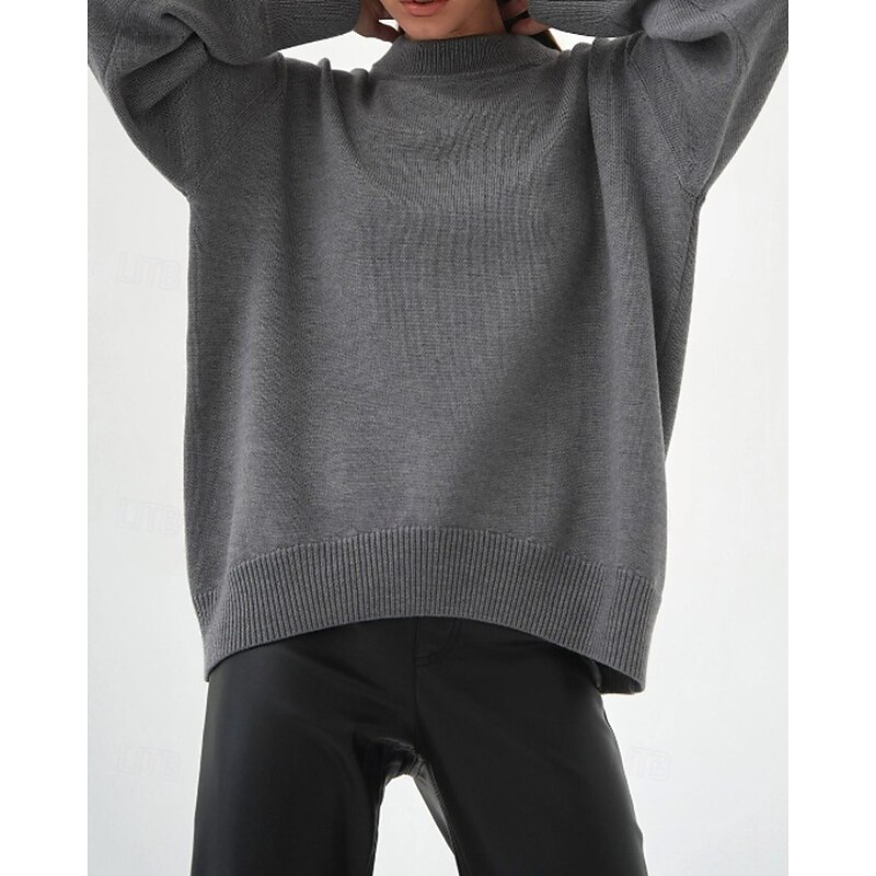 Women's Sweater Pullover Fashion Soft Solid Color Ribbed Crew Neck Knitted Long Sleeve Regular Tops Knit Holiday Going out Weekend White Brown Fall