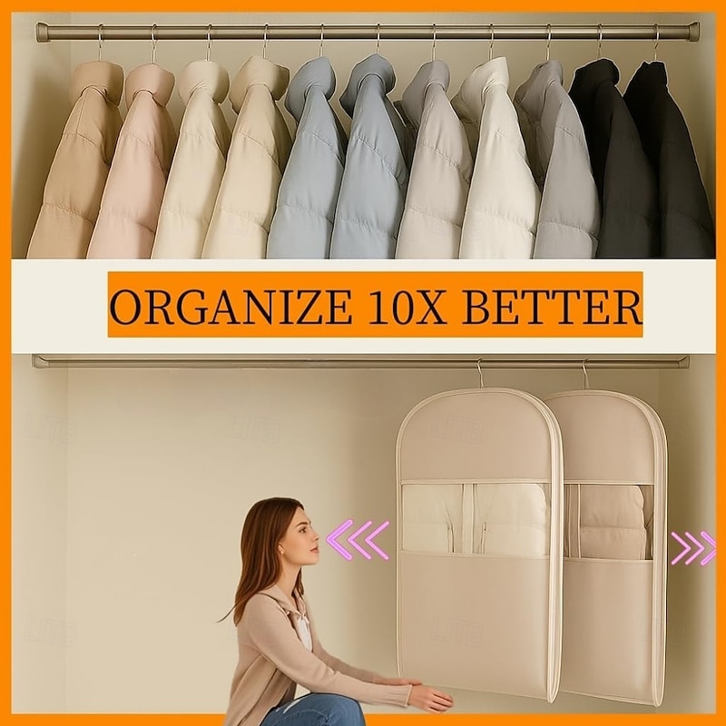 Space Saving Hanging Garment Bag with Self Compression Zipper, Dust Cover for Coats Down Jackets, Closet Clothes Organizer with Clear Window2