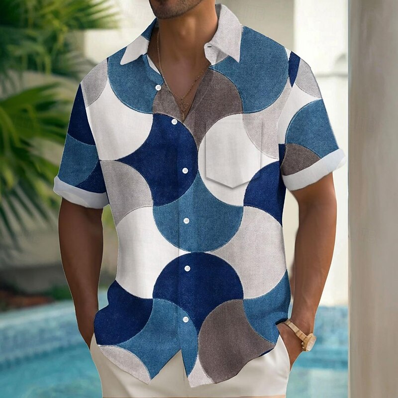 Men's Geometric Color-blocking Shirt Summer Shirt Button Up Shirt Short Sleeve Fashion Casual Outdoor Vacation Dailywear Summer Spring Turndown 3D Print Collared Shirts Front One Pocket Red Blue - Main Image