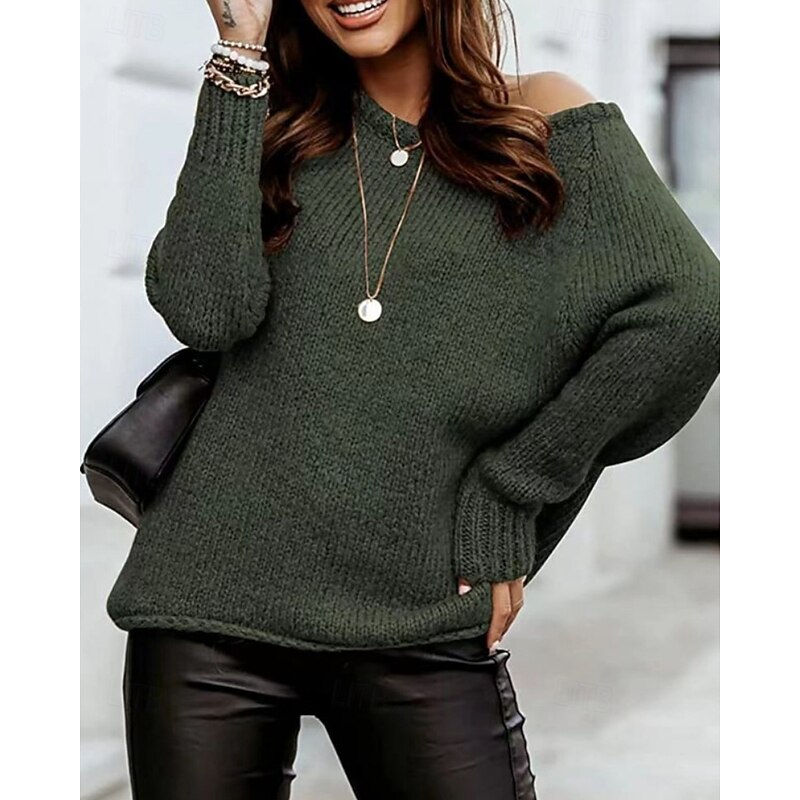 Women's Sweater Pullover Casual Soft Solid Color Ribbed Off Shoulder Knitted Long Sleeve Regular Tops Knit Outdoor Holiday Weekend Black Army Green Fall Winter4