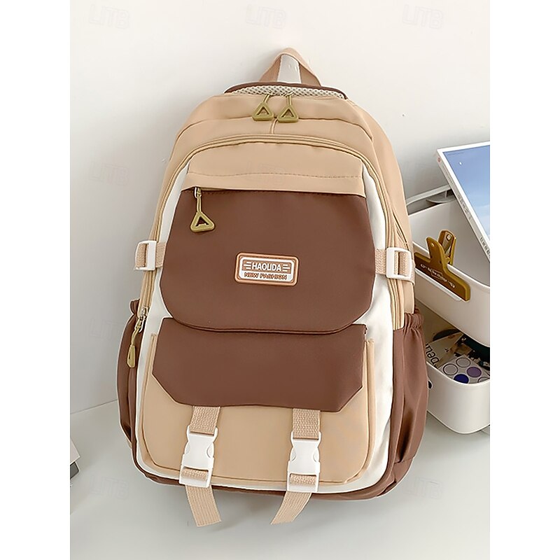 Teenage Colorblock Backpack with Plush Keychain – Multi-Pocket School Bag for Girls and Boys, Ideal for Middle School, High School and Daily Use Black Blue Purple4