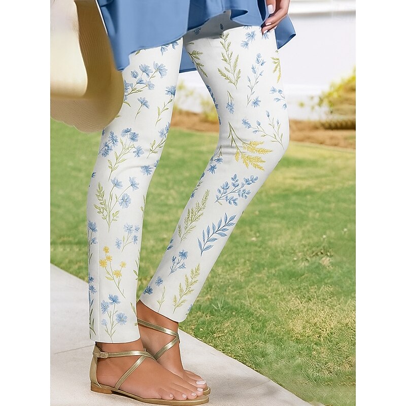 Women's Leggings Vacation Vintage Ethnic Style Ankle-Length High Waist Floral Graphic 3D Print Quick Dry Breathability Soft Stretchy Outdoor Home Causal White Yellow Blue Spring Fall Slim Fit2