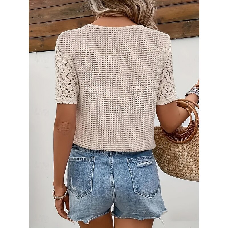 Women's T Shirt Plain Fashion Modern Casual Short Sleeve V Neck Regular Tops Daily Weekend Eyelet Beige Summer2