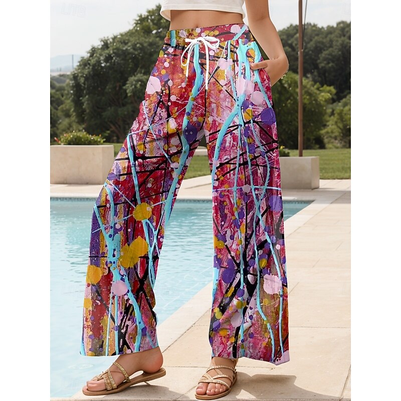 Women's Wide Leg Chinos Baggy Pants Vacation Vintage Fashion Full Length High Waist Graphic Abstract Printing Soft Breathable Micro-elastic Formal Outdoor Vacation carmine Robin's Egg Blue Yellow