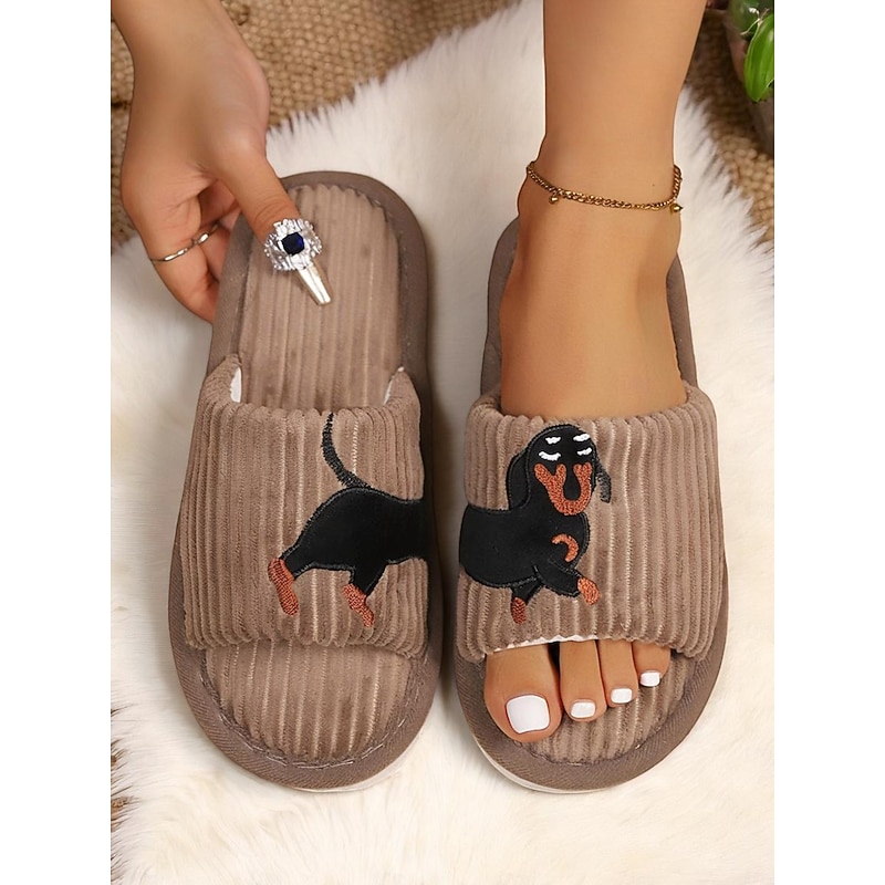 Women's Plush Dog Embroidery Indoor Slippers, Cozy Corduroy Slides, Perfect for Home Relaxation and Lounging