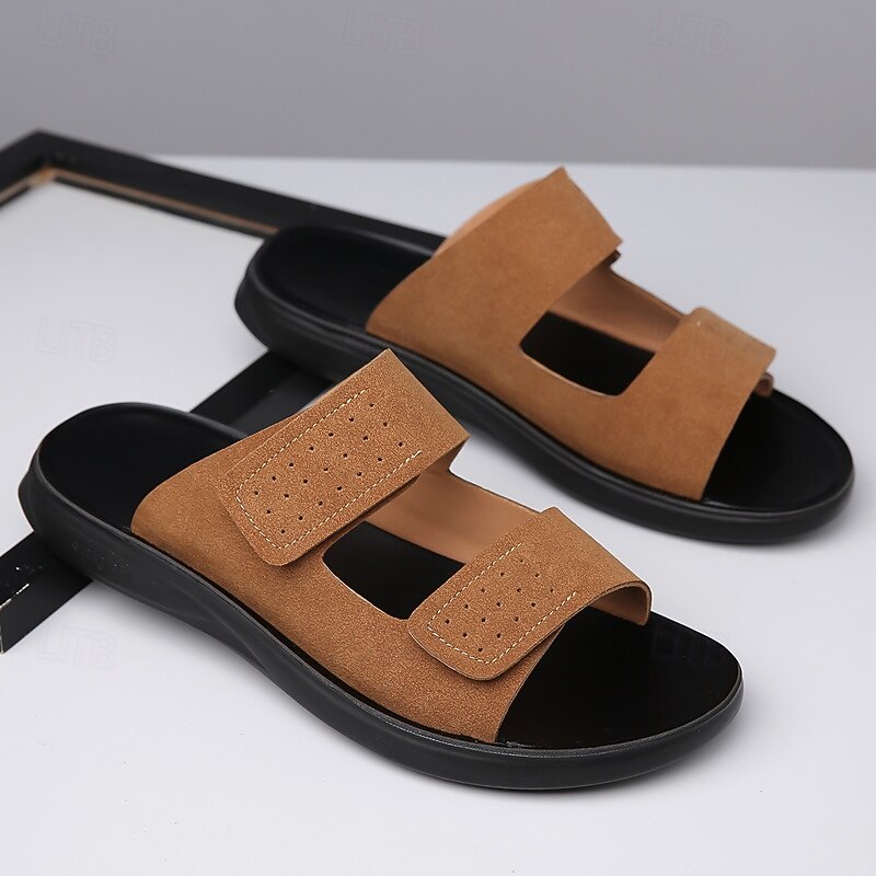 Men's Brown Faux Suede Sandals with Perforated Design Adjustable Velcro Closure Lightweight Breathable Ideal for Summer Travel and Beach Days3