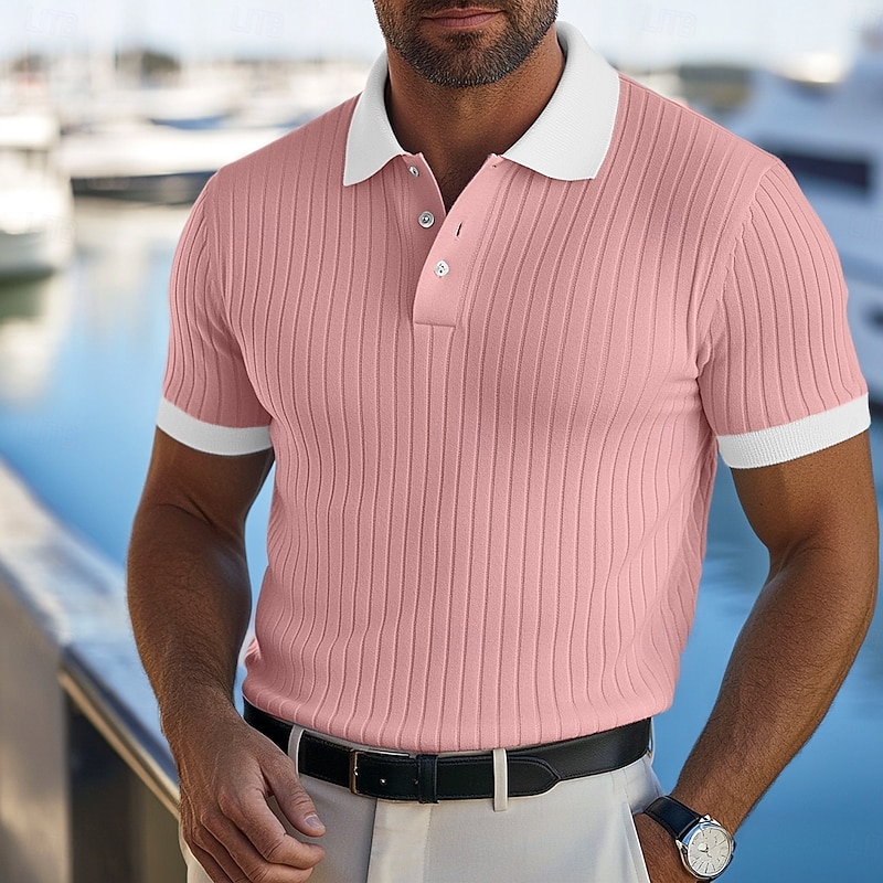 Men's Polo Shirts Golf Shirt Vacation Holiday Lapel Ribbed Polo Collar Short Sleeve Basic Modern Color Block Textured Patchwork Buttons Summer Spring & Summer Slim Blue Polo Shirts3