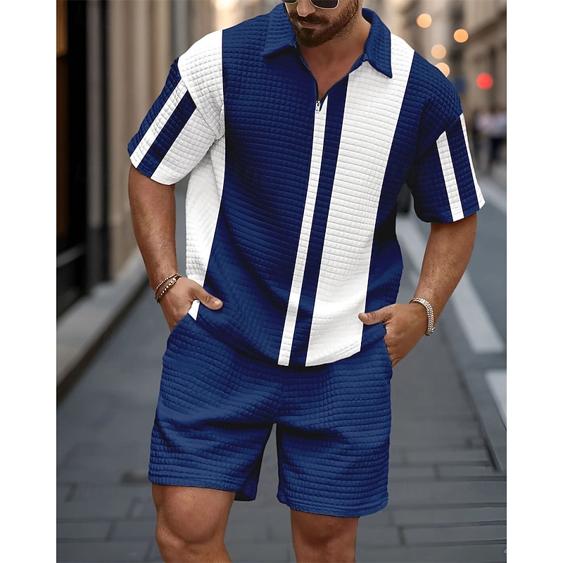Men's Polo Shirts Zip Polo Outdoor Daily Wear Lapel Short Sleeve Fashion Hawaiian Color Block Stripes Zipper Summer Regular Fit White Pink Royal Blue Blue Polo Shirts3
