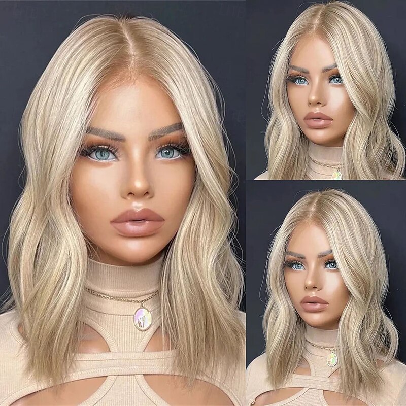 Remy Human Hair 5x5 Closure 13x4 Lace Front Wig Short Bob Brazilian Hair Wavy Blonde Wig 130% 150% Density with Baby Hair Highlighted / Balayage Hair 100% Virgin Glueless Pre-Plucked For Women Short