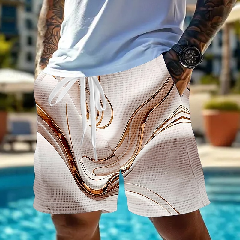 Men's Geometric Marble Abstract Art Waffle Shorts Sweat Shorts Casual Shorts Mid Waist Fashion Casual Vacation Jogging Workout Elastic Drawstring Waist Shorts with Pockets Designer Clothing Apparel