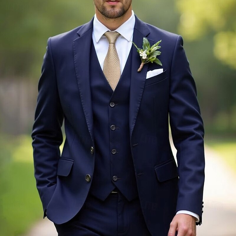 Men's Wedding Business Suits Notch Lapel Black Navy Blue Fashion Formal Solid Colored Slim Fit 3 Piece Single Breasted Two-buttons