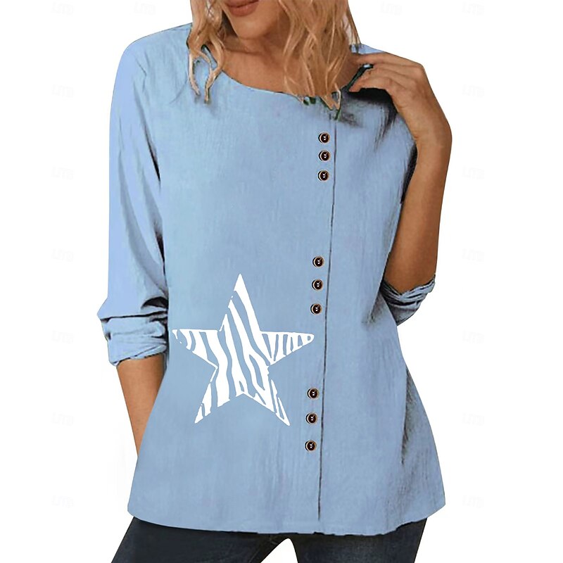 Women's Blouse Graphic Star Elegant Vintage Fashion Long Sleeve Crew Neck Round Neck Regular Tops Daily Going out Weekend White Blue Dark Blue Fall