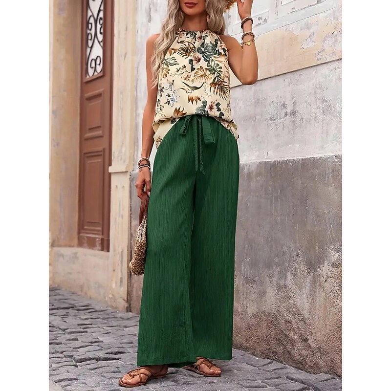 Women's Fashion Streetwear Daily Pants Sets Sleeveless Halter Neck Floral Print Casual Daily Navy Blue Royal Blue Blue Summer Regular Fit4