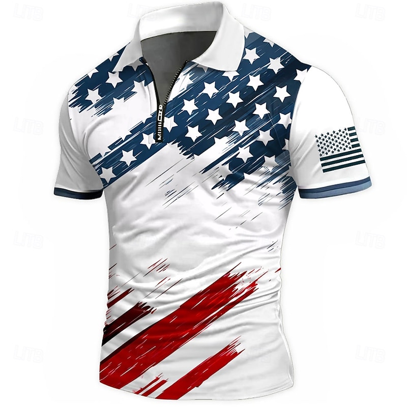American Independence Day Men's American US Flag Zip Polo Shirts Short Sleeve Polo Shirts Collared Shirts Casual Athleisure Daily Wear 3D Print Summer White Blue
