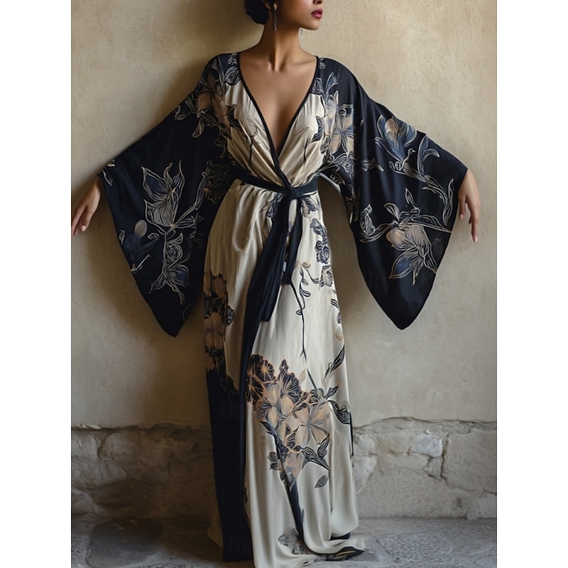 Women's Long Dress Maxi Dress Boho Dress Casual Dress Swing Dress Vacation Dress Fashion Modern Daily Holiday Beach Regular Fit Floral Long Sleeve V Neck Wine Navy Blue Blue Purple Summer Spring