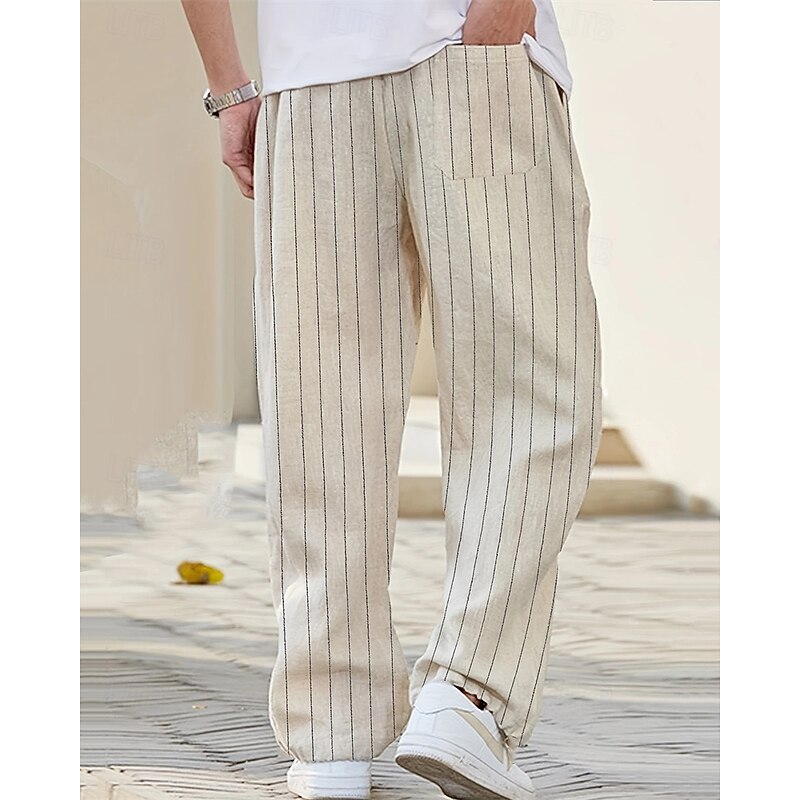 Men's Linen Pants Trousers Summer Pants Beach Pants Pocket Elastic Waist Drawstring Striped Comfort Breathable Vacation Daily Holiday Hawaiian Boho Khaki2