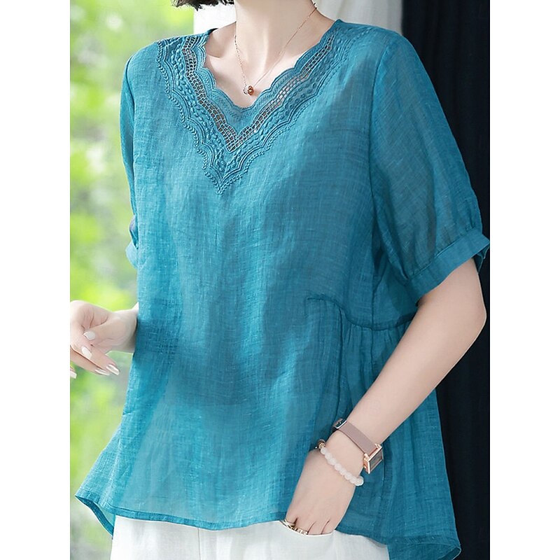 Women's Cotton Linen Shirts Solid Color Elegant Stylish Basic Short Sleeve V Neck Regular Tops Daily Embroidered Blue Summer Spring3