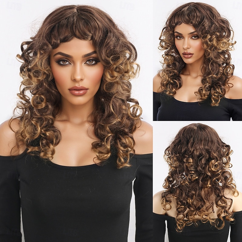 Synthetic Wig Wavy Afro Curly Asymmetrical With Bangs Machine Made Wig 18 inch A1 Synthetic Hair Women's Classic Comfortable Color Gradient Multi-color