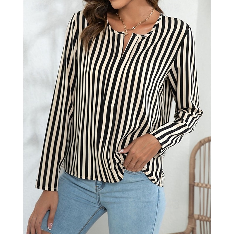 Women's Summer Tops Chiffon Tops Striped Daily Stylish Basic Long Sleeve V Neck Regular Tops Work Daily Holiday Print White Apricot Spring Fall4