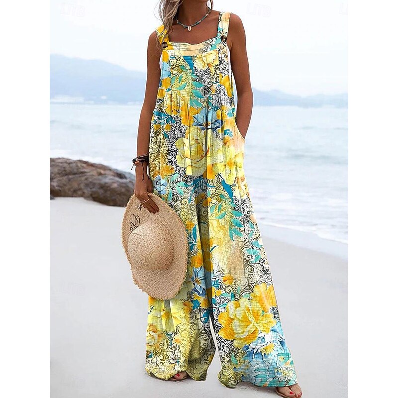 Women's Dungarees Active Floral Sleeveless Wide Leg Vacation Street Loose Fit Yellow Pink Red Summer4