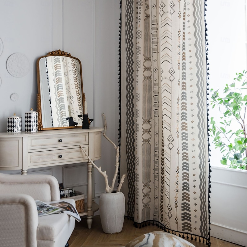 Boho Cotton Linen Curtains with Tassels Geometric Semi Blackout Print Farmhouse Bohemian Window Curtains for Living Room Rod Pocket Drapes 1 Panel4