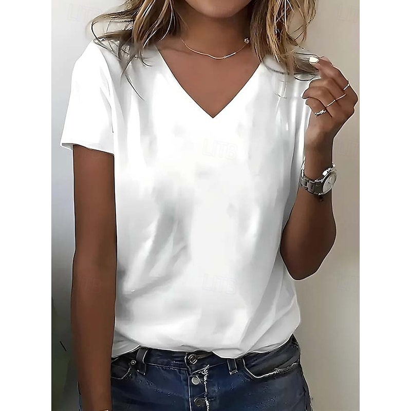 Women's 100% Cotton T Shirt Fashion Basic Casual Short Sleeve V Neck Regular Tops Daily Black White Gray Spring, Fall, Winter, Summer