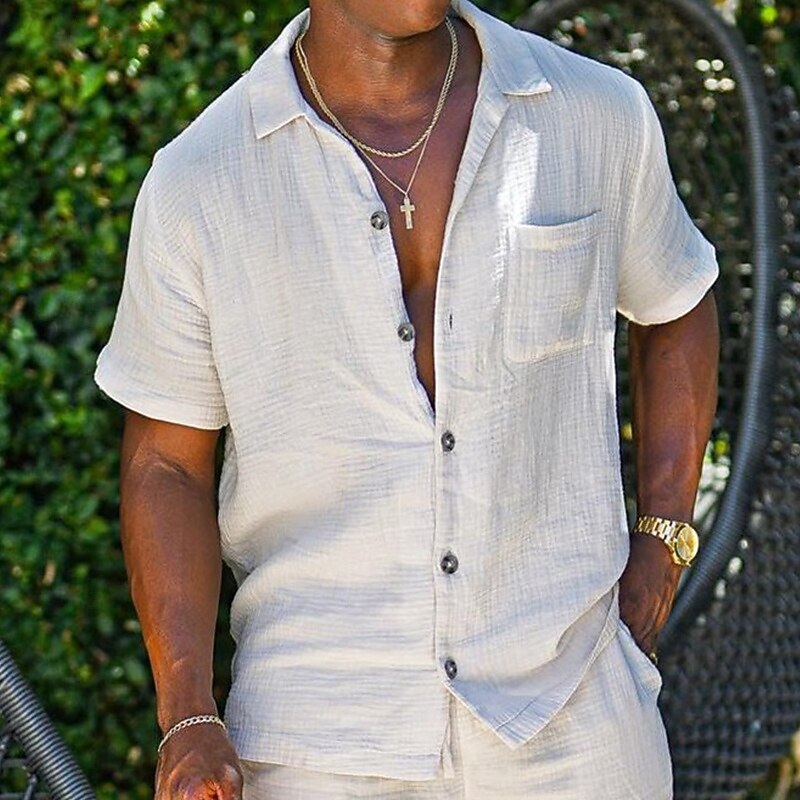 Men's Shirt Linen Shirt Summer Shirt Beach Wear Button Up Shirt Seersucker Shirt Solid Color Vacation Street White Pink Khaki Short Sleeves Shirt Collar Summer Spring Clothing Apparel