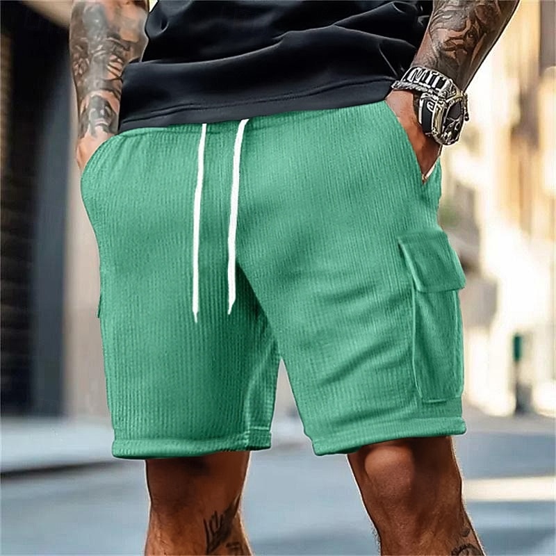 Men's Cargo Shorts Beach Shorts Running Shorts Gym Shorts Drawstring Elastic Waist Multi Pocket Plain Comfort Breathable Knee Length Outdoor Surfing Daily Vacation Streetwear Black Blue Micro-elastic2