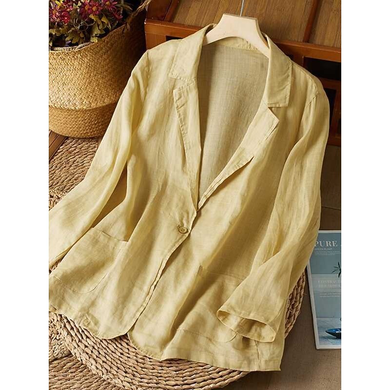 Women's Cotton Linen Blazer Solid Color Stylish Basic Casual Long Sleeve Shirt Collar Regular Tops Work Daily Buttons White Yellow Summer3